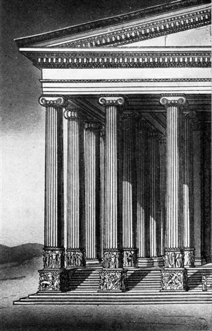 De tempel Artemis, gewijd aan de romeinse Keizer Hadrianus, illustreert de keizerverering, die de oorzaak zou worden tot de vervolging van de christenen.